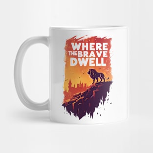 Where the Brave Dwell - Lion on a Hill - Red Backdrop - Fantasy Mug